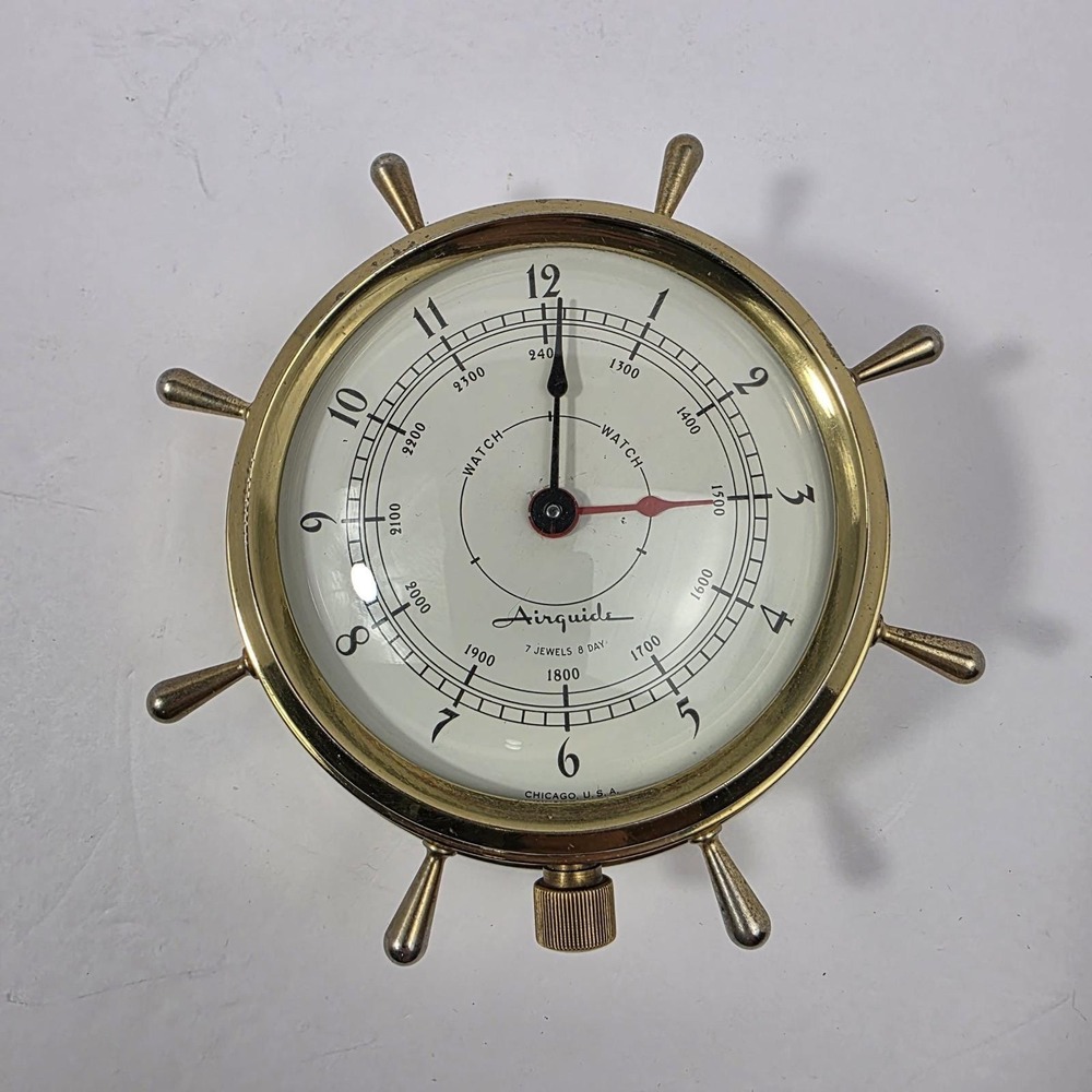 Vintage Airguide Ships Wheel Brass Nautical Clock 7 Jewels 8 Day For Repair